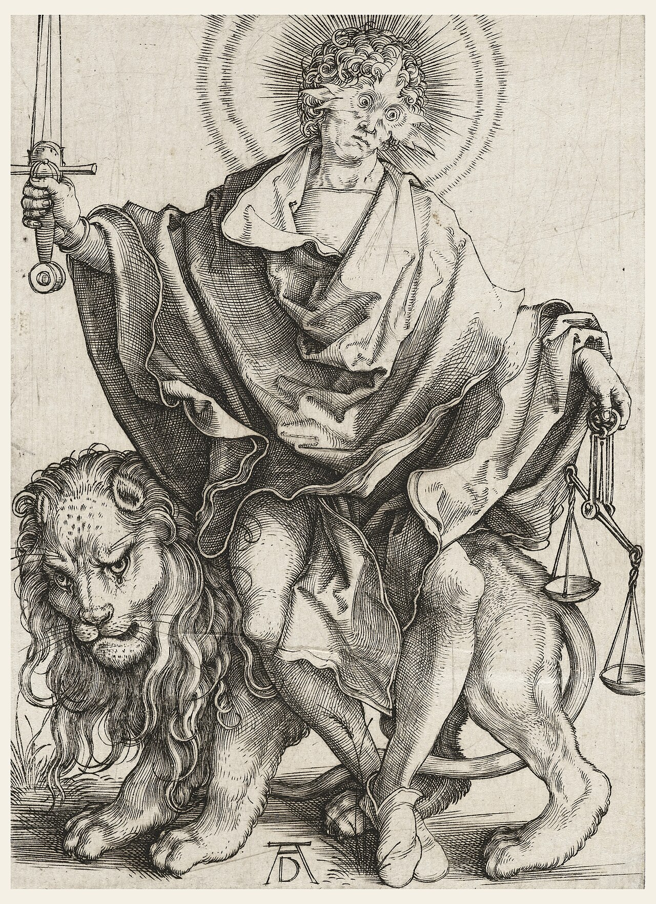 Engraving of Justice holding a sword and scales, seated on a lion