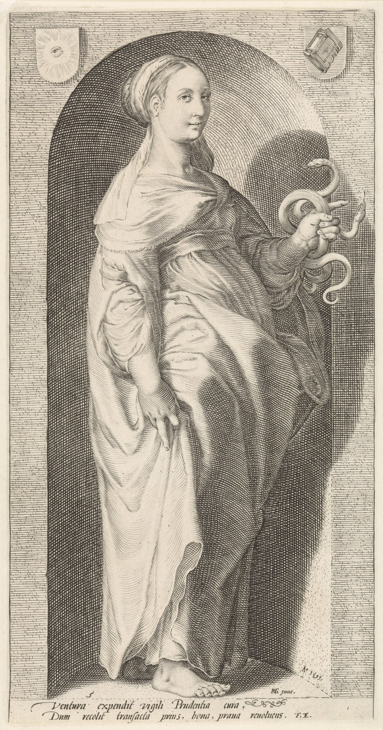 Engraving of Prudence, a veiled woman in a niche holding two serpents