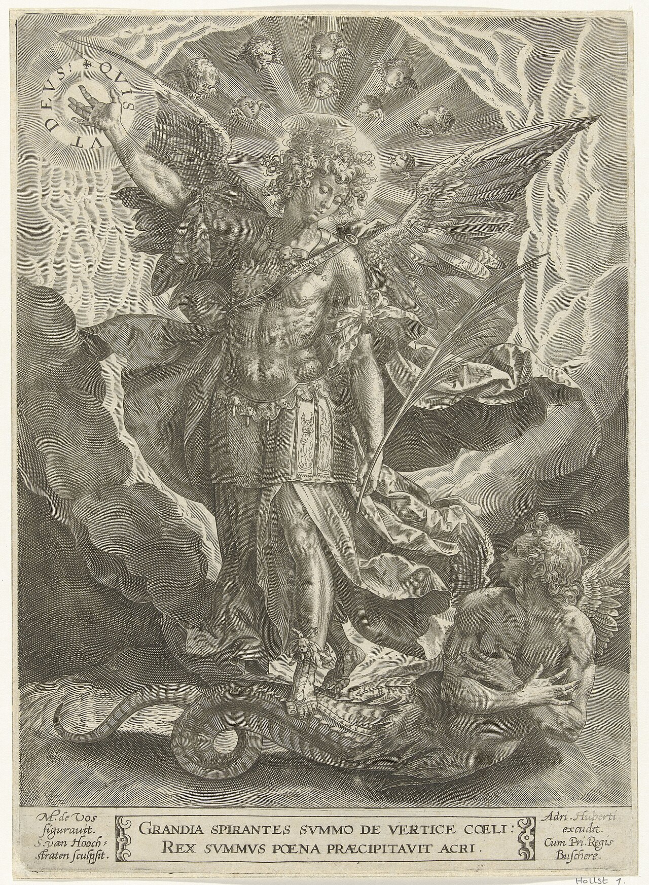 Classical engraving of the Archangel Michael triumphant over the dragon